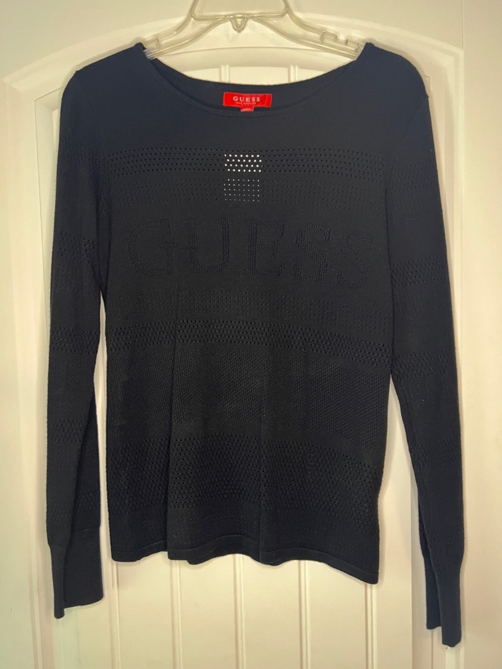 GUESS Black Long Sleeve Knit Top with Crew Neck